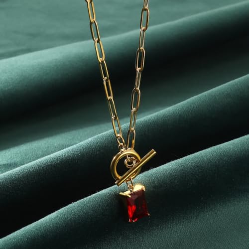 Diamond Necklaces for Women Natural Stone Paperclip Toggle Necklace 14K Gold Plated Emerald Birthstone Necklace for Women Paper Clip Chain Blue Green Cubic Zirconia Pendant Birthday Gifts for Women Mother Jewelry - color: 07. July(Ruby)
