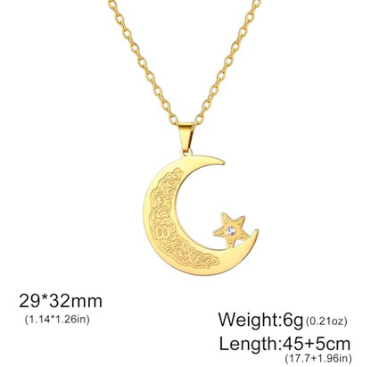 Islamic Ayatul Kursi Necklace Muslim Crescent Moon and Star Pendant Arabic Calligraphy Allah Amulet Religious Jewelry Eid Ramadan Gift for Women Men - color: gold