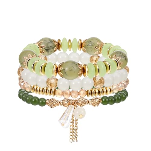 Ouligay 4PCS Green Bracelets for Women Boho Beaded Bracelets Set Crystal Bracelets Stackable Summer Jewelry Bracelets Beach Vacation Gifts