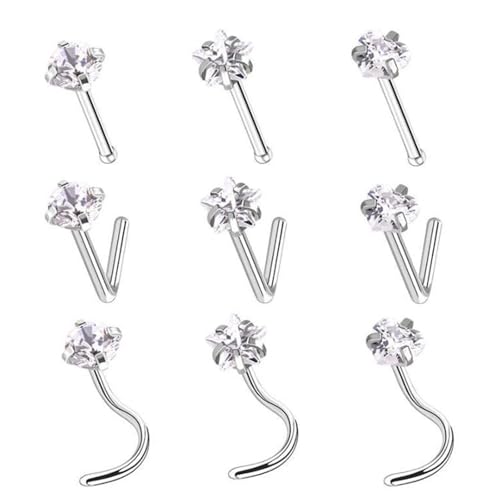 316L surgical steel hypoallergenic nose ring nail cubic zirconia nose ring screw L-shaped nose puncture body jewelry straight nose nail (9 pcs) 3 styles 3 shapes (Silver (straight rod 3、 L rod 3 、spiral screw 3))