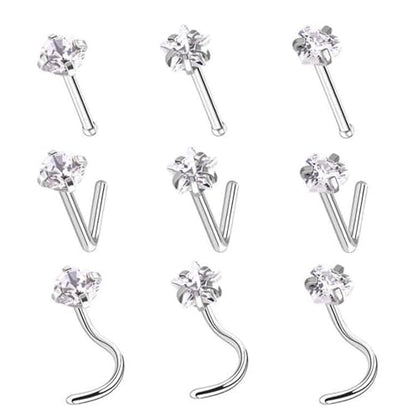316L surgical steel hypoallergenic nose ring nail cubic zirconia nose ring screw L-shaped nose puncture body jewelry straight nose nail (9 pcs) 3 styles 3 shapes (Silver (straight rod 3、 L rod 3 、spiral screw 3))