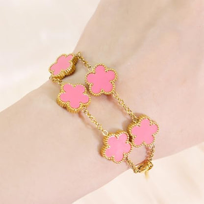 FLY FEI 18K Gold-Plated Four Leaf Clover Bracelet for Women,Adjustable lucky Bracelet Set Jewelry Gift-Hypoallergenic Charm for Birthdays, Wellness & Daily Wear - color: style01-Pink