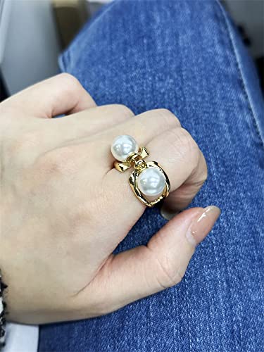 Double Pearls Silk Scarf Ring Clip Brooch for Women Girls 10mm Artificial Shell Pearl Butterfly Bowknot Shawl Scarves Statement Finger Rings Size 8 Dainty Mother's Birthday Wedding Party Jewelry Gift - color: Gold