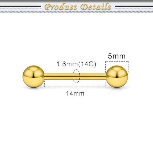 16G 14G Surgical Steel Tongue Rings Nipple Rings Industrial Piercing Jewelry Set Multi Size Straight Barbells 12mm 14mm 16mm 19mm 22mm 28mm 32mm 35mm 38mm 40mm 45mm for Women Men - color: goldtone, size: 14g,bar length 14mm