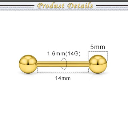 16G 14G Surgical Steel Tongue Rings Nipple Rings Industrial Piercing Jewelry Set Multi Size Straight Barbells 12mm 14mm 16mm 19mm 22mm 28mm 32mm 35mm 38mm 40mm 45mm for Women Men - color: goldtone, size: 14g,bar length 14mm