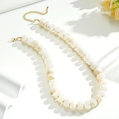 Beaded Necklaces for Women - Colorful Acrylic Beaded Chunky Necklace | Adjustable Statement Necklace, Puffy Heart Pendant, Boho Choker Necklace, Waterproof Summer Beach Jewelry, Gifts for Vacation - color: White