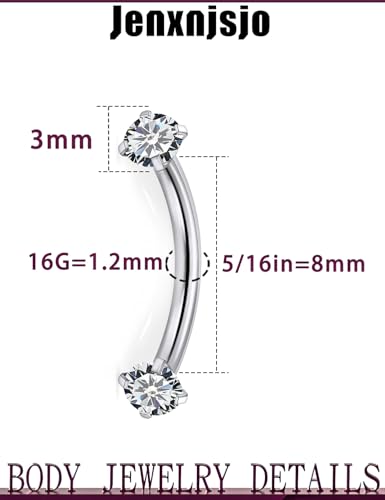 Jenxnjsjo F136 Titanium 16g 6/8/10mm Eyebrow/Rook/Snug/Vertical-Labret/VCH/Snake-Eyes/Anti-Tragus/Christina/Daith/Belly-Button/Bridge/Hood/Surface Curved Barbell Piercing Jewelry for Women Men - size: ['8mm']
