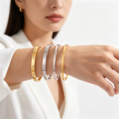 Minimalist Two-Tone Stackable Bangle Set for Women – Stainless Steel Bracelets with Crystal Accents