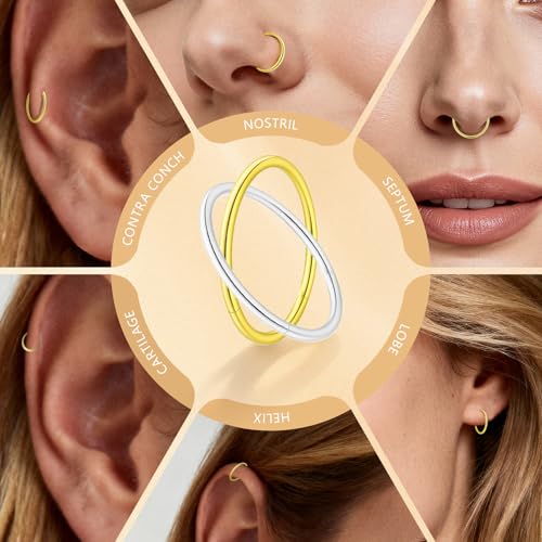 14Pcs Gold and Silver 18G Nose Ring Hoops and 20G Nose Studs Set | 316L surgical steel set with 18G nose hoops and 20G corkscrew CZ nose studs in 1.5/ 2/ 2.5/ 3mm for women and men