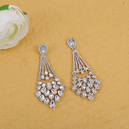 Flower Teardrop Bridal Wedding Dangle CZ Earrings in Silver/Gold Tone for Women Girl Bride Gift … - color: B-teardrop 3