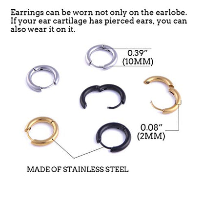 Stainless Steel Hoop Earrings for Men - Hinged Hoop Huggie Piercing Earrings Set For Men Women, Hypoallergenic Lobes Small Round Earrings - color: 3 Color Inner Diameter 0.39" (10MM)