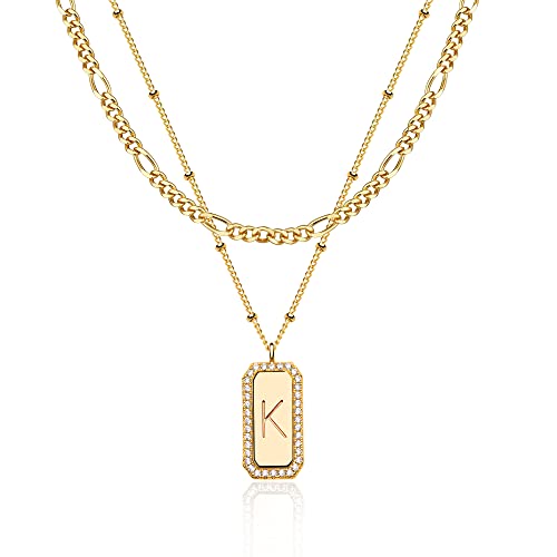 Gold Initial Necklace for Women 14K Gold Plated Figaro Chain Choker Layered Necklaces Set Bar Rectangle Pendant Necklaces Simple Dainty Letter Necklace Everyday Gold Jewelry - style: Letter K