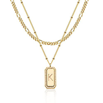Gold Initial Necklace for Women 14K Gold Plated Figaro Chain Choker Layered Necklaces Set Bar Rectangle Pendant Necklaces Simple Dainty Letter Necklace Everyday Gold Jewelry - style: Letter K