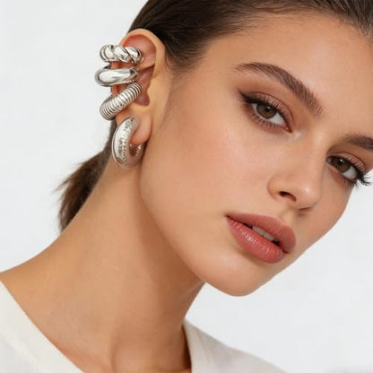 4pcs Chunky Gold Silver Ear Cuff Set for Women Punk Metallic Twist Non Piercing Clip Cuff Earrings Trendy Jewelry Set for Daily Party - style: style B