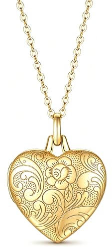YOUFENG Love Heart Locket 14K Gold-Filled Oval Circle Rectangle Lockets that Hold Pictures Floral Patterns Necklace for Women - style: Gold Heart