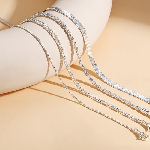 Tewiky Layered Necklaces for Women 14k Gold Plated Chain Necklace Set | Chunky Herringbone/Snake/Rope/Box/Cuban Link Chain for Women, Layering Stack Choker Necklace, Dainty Jewelry Set Non Tarnish - color: 4 Layered Necklace Silver
