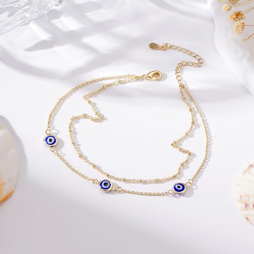 Anklets for Women Waterproof 14K Gold Plated Beach Ankle Bracelets Dainty Summer Bow Clover Heart Evil Eye Anklet Non Tarnish Layered Beach Cz Jewelry Accessories for Women Trendy - color: Gold-Evil Eye