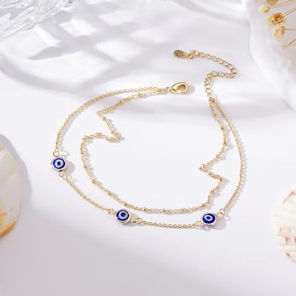 Anklets for Women Waterproof 14K Gold Plated Beach Ankle Bracelets Dainty Summer Bow Clover Heart Evil Eye Anklet Non Tarnish Layered Beach Cz Jewelry Accessories for Women Trendy - color: Gold-Evil Eye