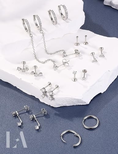 LOLIAS Hypoallergenic Gold Threadless Flat Back Stud Earrings for Women | 20G 18G 16G Surgical Steel Earrings Push in Nose Studs CZ Cartilage Earring Set Labret Helix Tragus Conch Piercing Jewelry - color: Silver, size: 16G(1.2MM)-CZ