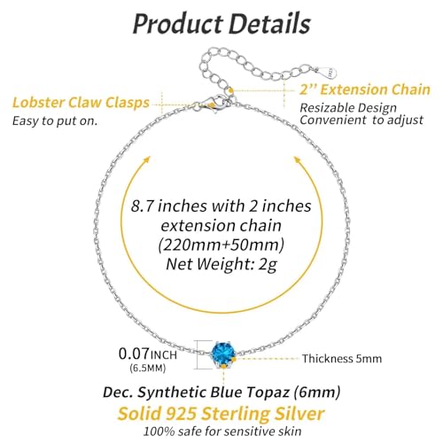 ChicSilver 925 Sterling Silver Anklets for Women, Simple Dainty Round/Heart Birthstone Ankle Bracelet Beach Foot Jewelry, 8.7-10.7 Inch Adjustable - color: 12. Round - December(Blue Topaz)
