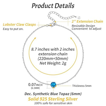ChicSilver 925 Sterling Silver Anklets for Women, Simple Dainty Round/Heart Birthstone Ankle Bracelet Beach Foot Jewelry, 8.7-10.7 Inch Adjustable - color: 12. Round - December(Blue Topaz)