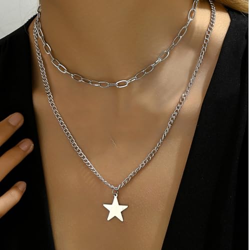 Gothic Necklaces for Women Cross Heart Pendant Layered Necklace Statement Jewelry Dark Romantic Gift for Halloween Parties - color: C4:star necklace