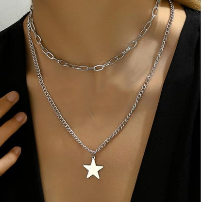 Gothic Necklaces for Women Cross Heart Pendant Layered Necklace Statement Jewelry Dark Romantic Gift for Halloween Parties - color: C4:star necklace