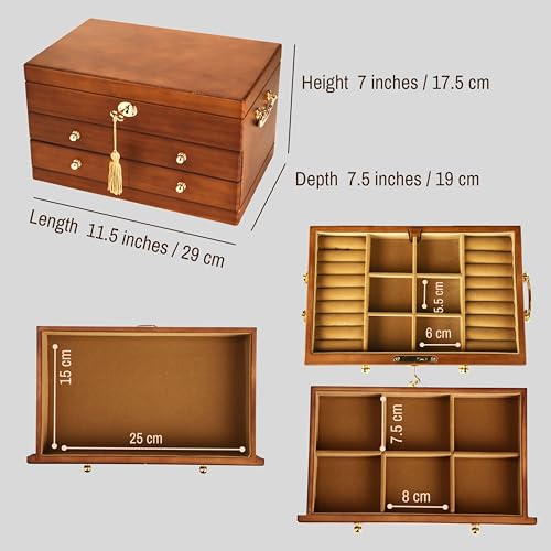 Wooden Jewelry Box with Lock and Key, Medium Size Case, 2 Drawers | Real Natural Wood Lockable Antique Organizer with Large Storage, Ring Compartments, Necklace Hooks