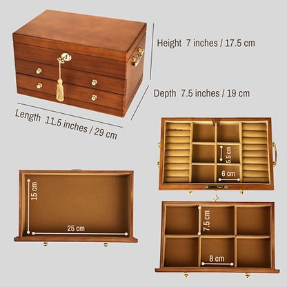 Wooden Jewelry Box with Lock and Key, Medium Size Case, 2 Drawers | Real Natural Wood Lockable Antique Organizer with Large Storage, Ring Compartments, Necklace Hooks