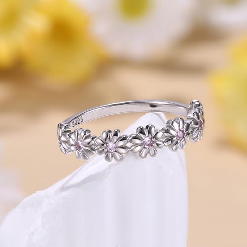 MILACOLATO 925 Sterling Silver Rings for Women Dainty CZ Daisy Flower Ring | 18K White Gold Plated Daisy Promise Ring for Her, Cute Sunflower Wedding Band Statement Engagement Ring, Mothers Jewelry Gift - color: 18K White Gold Plated Daisy Ring - Pink CZ