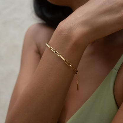 Made by Nami Gold Paperclip Chain Bracelet for Women Stainless Steel Adjustable Link Chain Jewelry Dainty Layering Bracelet for Everyday Wear and Gifts