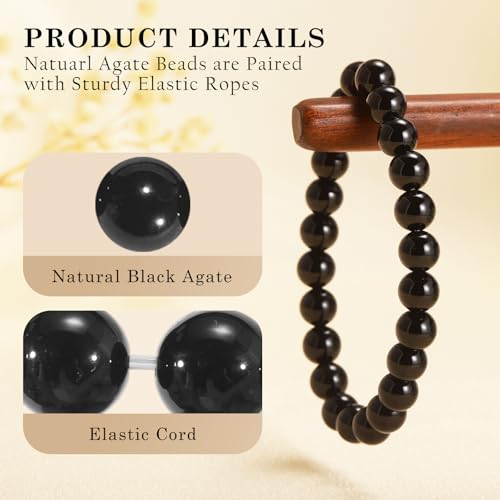 Agate Round Beaded Bracelet for Women Men Natural Agates Stone Healing Bracelets Stretch Elastic Handmade Polished Gemstone Beads Bracelet - color: Black, size: 8mm Beads
