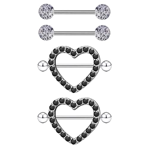 VERAMI 14G Stainless Steel Heart Nipple Rings and Barbell - Butterfly, Starlight Acrylic Ball, Tongue Rings for Women and Men - color: BLACK-CZ