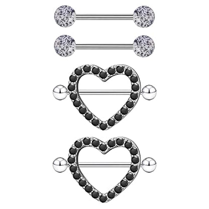 VERAMI 14G Stainless Steel Heart Nipple Rings and Barbell - Butterfly, Starlight Acrylic Ball, Tongue Rings for Women and Men - color: BLACK-CZ