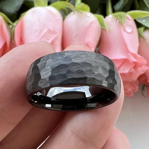TUTISS 6mm 8mm Silver/Black/Gold/Rose Gold Hammered Tungsten Rings for Men Women Couple Fashion Jewelry Engagement Wedding Bands Domed Matte Finish Comfort Fit - color: 8mm Black I Love You Engraved