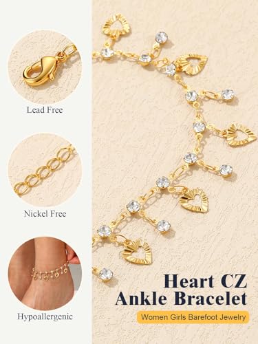 U7 Ankle Bracelets for Women Stainless Steel Waterproof Tarnish Resistant | 18K Gold Plated/Silver/Rose Gold Anklets, Cuban Chain Anklet Bracelets, Perfect for Summer Beach and Vacation Outfits - color: Gold Plated-White-Heart Charm