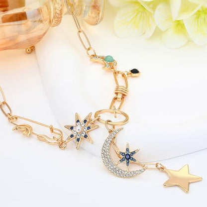 Charm Necklace for Women Gold Evil Eye Sun Moon Flower Coin Pendant Necklace Dainty Paperclip Chain Vintage Luck Amulet Choker Necklaces Celestial Jewelry Gift - style: Celestial Charms