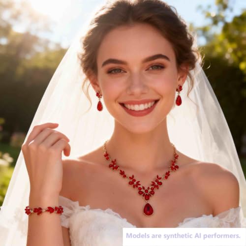 Kamirola Bridal Jewelry Set, Jewelry Set for Women, Necklace Dangle Earrings Bracelet Set, White Gold Plated (TR76) - color: Red