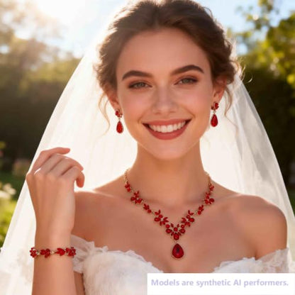 Kamirola Bridal Jewelry Set, Jewelry Set for Women, Necklace Dangle Earrings Bracelet Set, White Gold Plated (TR76) - color: Red