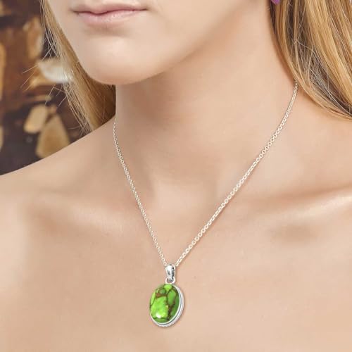 Chunky Natural Gemstone Pendant Necklace For Women Onyx, Turquoise, Amber, Garnet Oval Boho Genuine 925 Sterling Silver Handmade Jewelry - color: Copper Green Turquoise