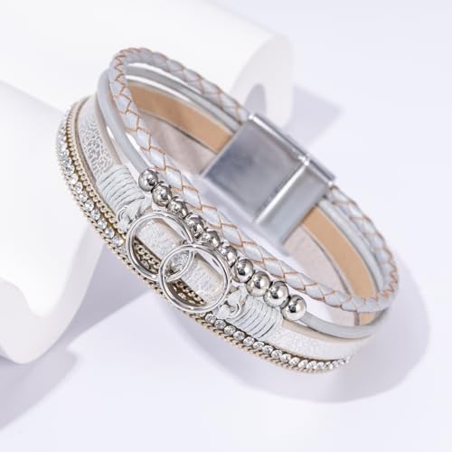 Boho Leather Wrap Bracelets Beaded Stackable Cuff Bracelet Country Concert Outfits Cowboy Cowgirl Western Jewelry Gifts for Women - color: Infinity-Silver