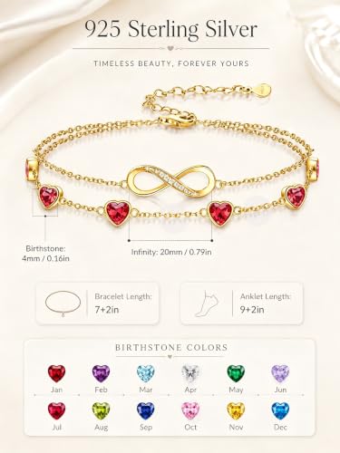 Prismata Infinity Birthstone Charm Link Bracelet/Anklet 925 Sterling Silver Adjustable 12 Months Birthstone Infinity Bracelet/Anklet Birthday Jewelry Gifts for Women Her - color: 01-January, size: 9‘+2’ Anklet-18K Gold Plated