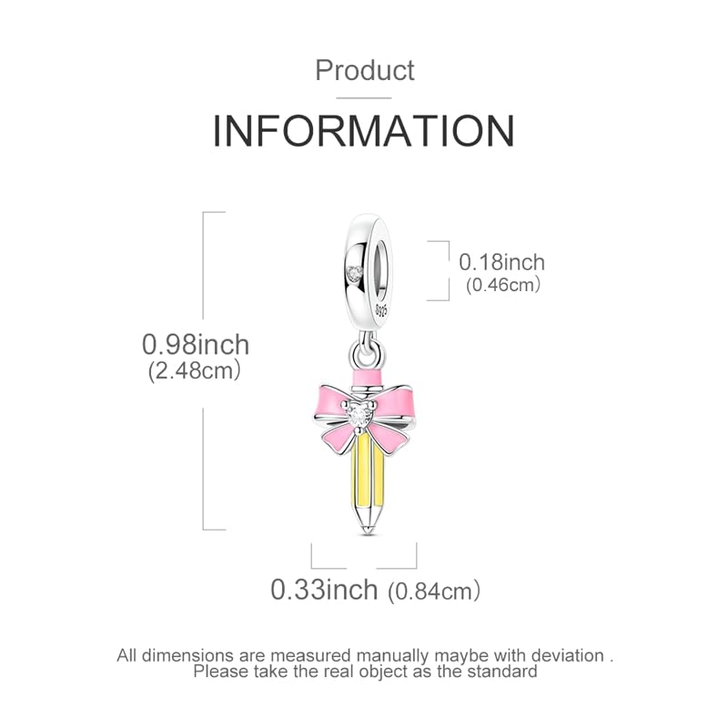 925 Sterling Silver Charms for Bracelets and Necklaces Beads Jewelry Charms for Women - color: Pink Bow Pencil Charm
