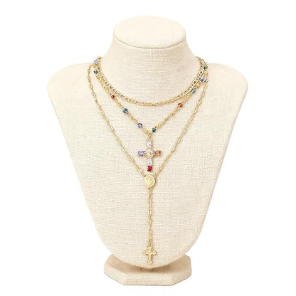 Layered Necklace for Women, Cross Pendant Y Necklace Set, 18K Gold Plated Dainty Stackable Jewelry Gift for Everyday Wear - style: 3PCS - C