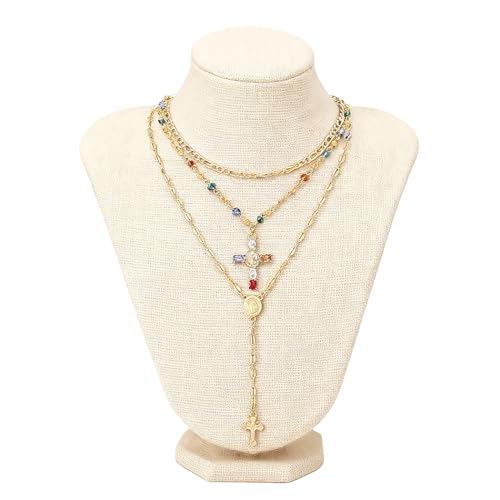 Layered Necklace for Women, Cross Pendant Y Necklace Set, 18K Gold Plated Dainty Stackable Jewelry Gift for Everyday Wear - style: 3PCS - C