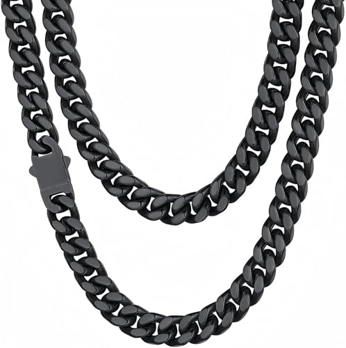 ChainsHouse Cuban Link Chain for Men, Stainless Steel Waterproof Necklace | 5/7/9/12/14mm Miami Cuban Chain 18-30 Inch, Gold/Black Men’s Necklace No Tarnish & Durable, Jewelry for Daily Wear and Gift - color: c. 9mm width-black, size: 22 inches