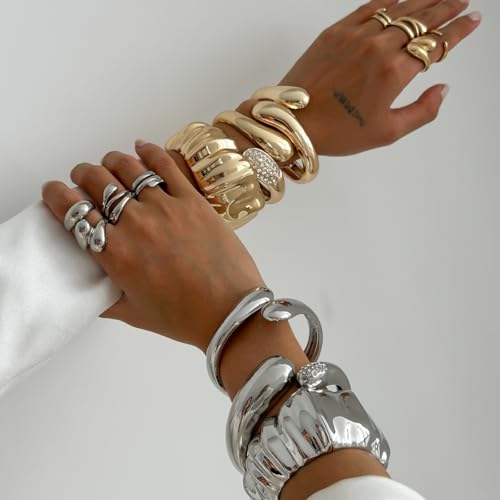 Chunky Gold Bangle Bracelets for Women Trendy Irregular Statement Cuff Bracelets Stack Wide Minimalist 3PCS Bangle Set Jewelry - style: Gold A
