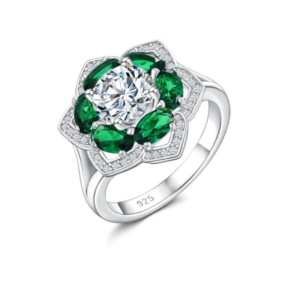 Flower Engagement Promise Ring Sterling Silver Birthstone Rings for Women Sapphire/Emerald/Ruby Gemstone Six Leaf Clover Statement Cocktail Ring Size 6 to 10 - style: 05. May-Created Emerald