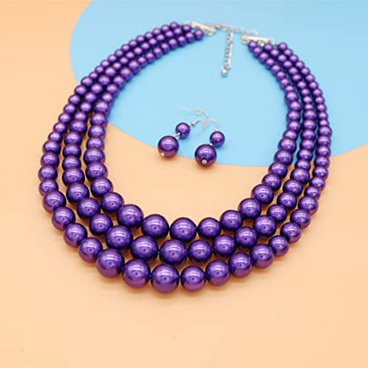 Chunky Layered Imitation Pearl Necklace for Women 3 strand Pearl Necklaces Faux Pearl Necklace Earrings Set 1920s Flapper Gatsby Costume Accessories - color: 3 strand pearl necklace Purple