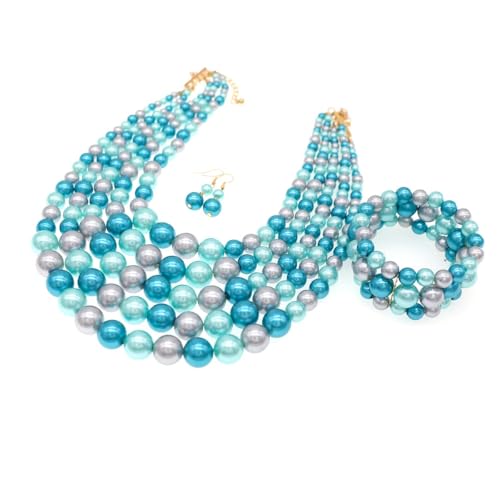 Faux Big Pearl Srand Necklaces for Women 5 Layers Pearls Choker Bib Collar Necklace Bracelet and Earrings set 1920s Costume Pearl Jewelry Bridal Wedding - color: colorful blue